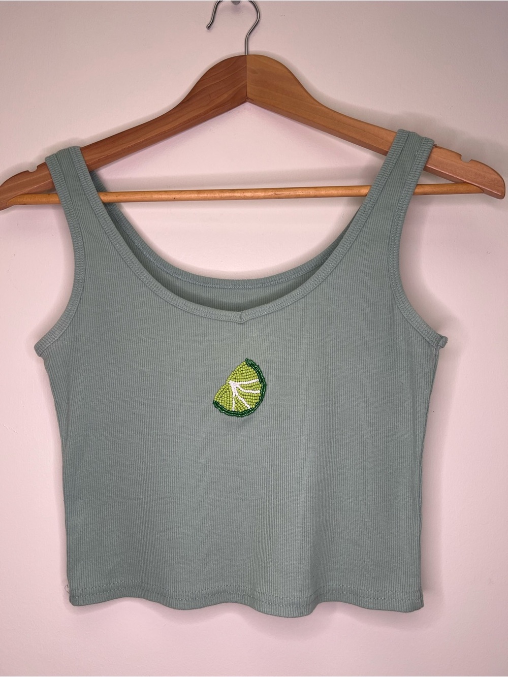 Y2K Ribbed Tank Top Lime Beaded Detail Sage Green Crop Stretch - Picture 2 of 6